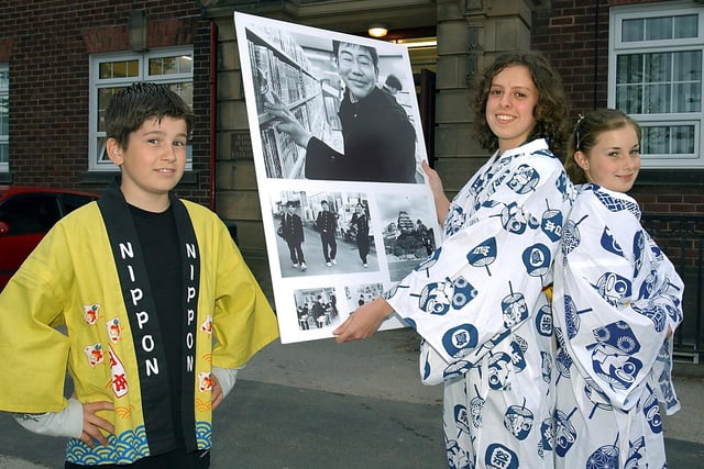 A Japanese Evening was held at Baines High School to raise money for a trip to Japan. In traditional Japanese dress, from left, Sam Higginbottom, Jo Kirkham and Emma Cobley in 2003