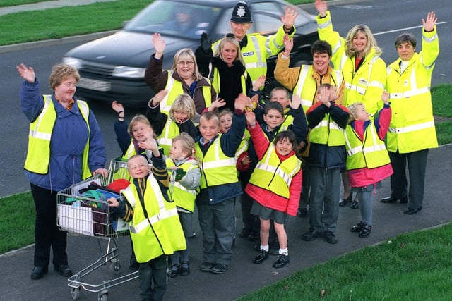 The walking bus paused for a photograph, en-route from Marton Primary School to Booths supermarket on Highfield Road, South Shore