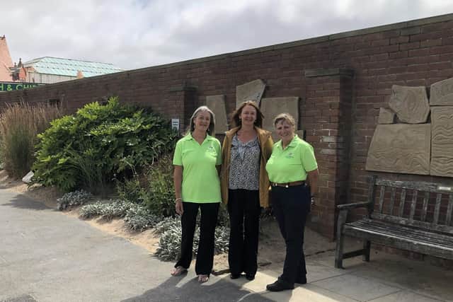 Fylde Council leader Coun Karen Buckley (centre) with St Annes In Bloom treasurer Gill West (left) and chairman Fiona Boismaison at the Peace and Happiness Garden  on t St Annes Promenade.