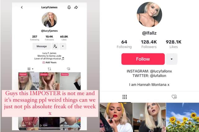 Left: Lucy shares the fake TikTok account to her Instagram story. Right: Lucy’s real TikTok account