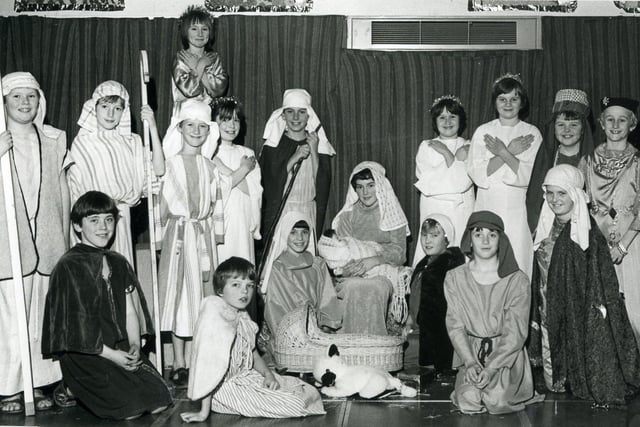 This was a scene from Newton Bluecoats C of E School Nativity play in 1980. It was all about tea towel head gear, candy stripe sheets and tinsel for halos