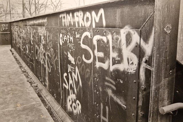 This is a graffiti ridden footbridge at Lytham Station. There were calls for a clean-up. This was in 1981