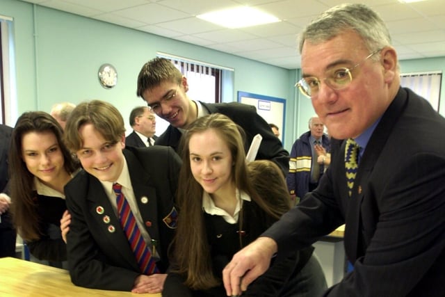 Director of education and cultural services, Lancashire County Council, Christopher Trinick, officially opens Cardinal Allen High School's new technology classrooms, watched by (from left to right) deputy head girl Flyn Lund, head boy Dominic Thorrington, deputy head boy Greg Tirrell, and head girl Elizabeth Hounshaw