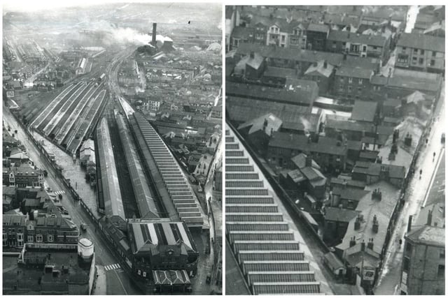 This photo montage shows a zoomed in aerial image of Bonny Street on the right taken from the original photo of Central Station to the left. The jumble of properties in the centre includes Wilkinson's Yard and Pleasant View. The building with the sign which reads "Martell's Brandy" marks the easterly perimeter of Wilkinson's Yard and the whitewashed cottage at the westerly end of the yard butts onto the rear of a terraced house on Bonny Street