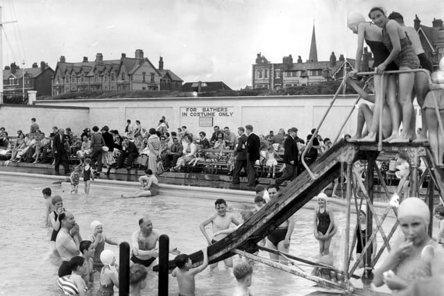 Holiday fun in St Annes open air pool, August 1954