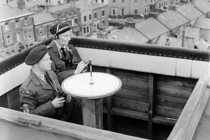 Members of the Blackpool team of the Royal Observer Corps in their watching post on top of Talbot Road Bus Station in 1961
