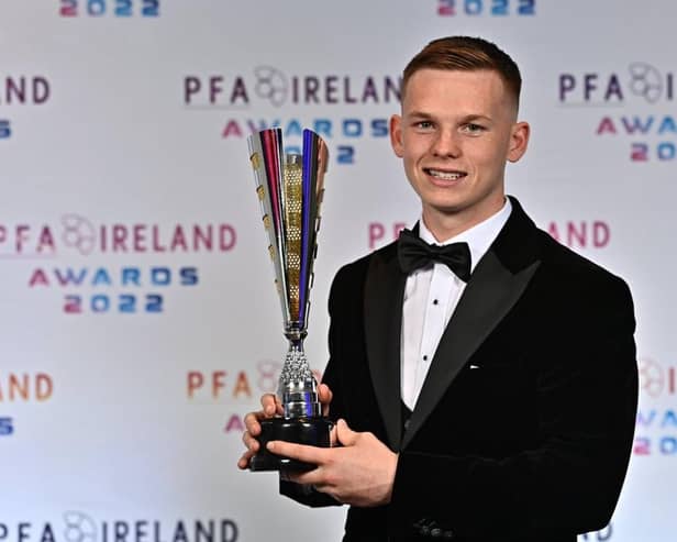 Lyons with his young player of the year trophy at the recent PFA Ireland end-of-season awards