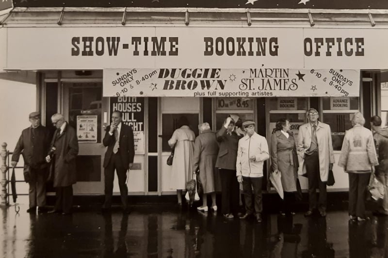 People queuing at the booking office in 1980. Bernard Delfont's Showtime was on, Cannon and Ball, Jacqui Scott and Lenny Henry