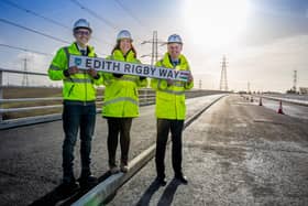 (Pictured L-R) LCC Cabinet Member for Economic Development and Growth Aidy Rigott: Nicola Elsworth, Head of Planning and Enabling at Homes England and Leader of Preston City Council, Councillor Matthew Brown (Credit: Martin Bostock Photography)