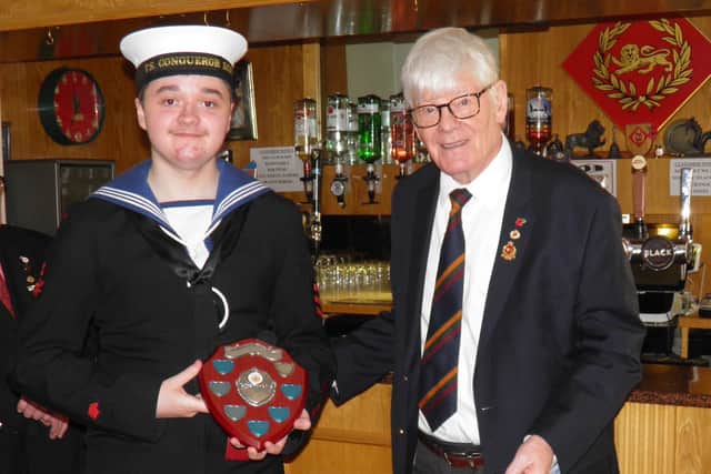 Norman Gallagher, president of the Duke of Lancaster's Regiment Association, with Leading Cadet Adam Newby of Fleetwood Sea Cadets.