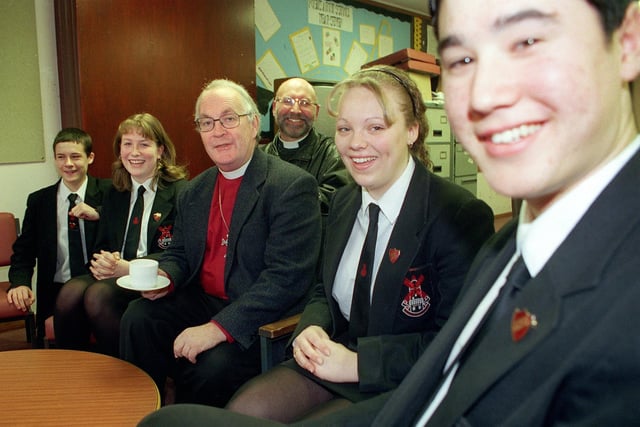 The Bishop of Lancaster, the Rt Rev Stephen Pedley, visited Millfield School in Thornton and spent some time chatting to pupils in 1999
Pic L-R: Head Boy Robert Hooper (16), Deputy Head Girl Charlotte Halstead (15), Bishop of Lancaster, Father John Fairclough,  Head Girl Carly Dawson (16) and Deputy Head Boy John Rushton (15). PIC BY ROB LOCK