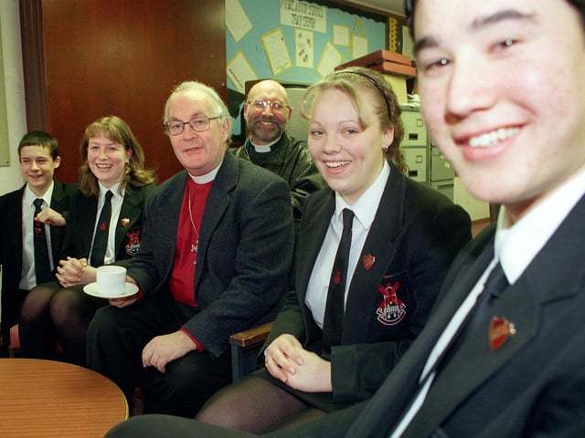 The Bishop of Lancaster, the Rt Rev Stephen Pedley, visited Millfield School in Thornton and spent some time chatting to pupils in 1999
Pic L-R: Head Boy Robert Hooper (16), Deputy Head Girl Charlotte Halstead (15), Bishop of Lancaster, Father John Fairclough, Head Girl Carly Dawson (16) and Deputy Head Boy John Rushton (15). PIC BY ROB LOCK