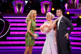 Tess Daly, Angela Rippon CBE and Kai Widdrington during the results show on November 19. BBC/Guy Levy
