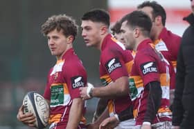 Fylde celebrate Cole Potts' first try against Hull Ionians Picture: Daniel Martino