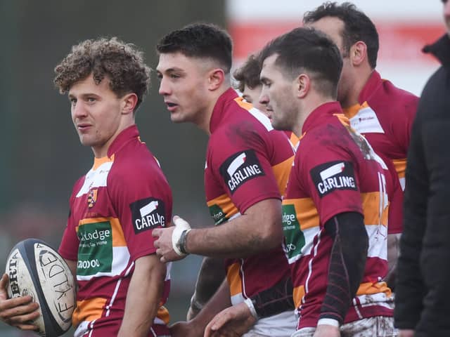 Fylde celebrate Cole Potts' first try against Hull Ionians Picture: Daniel Martino