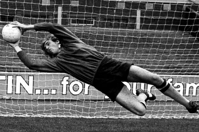 George Wood who played for Blackpool in the 1970s and again in the late 80s, makes a cracking save