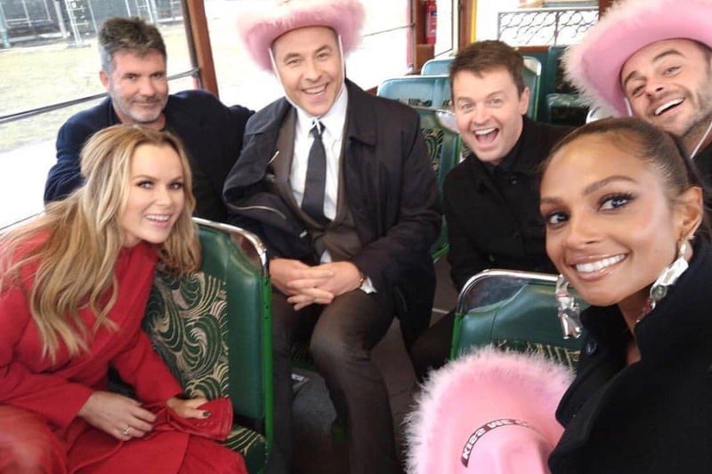 Well spotted... the Britain's Got Talent team Amanda Holden, Simon Cowell, David Walliams, Declan Donnelly, Alesha Dixon and Ant McPartlin, on a Blackpool heritage tram
