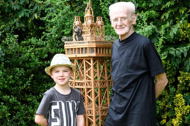 Charlie Barratt with Gerry Bryan who donated his model of Blackpool Tower to the youngster. Photo: Kelvin Stuttard
