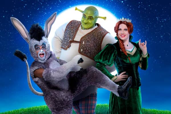 Brandon Lee Sears (Donkey), Antony Lawrence (Shrek) and Joanne Clifton (Princess Fiona) in the new touring production of Shrek the Musical