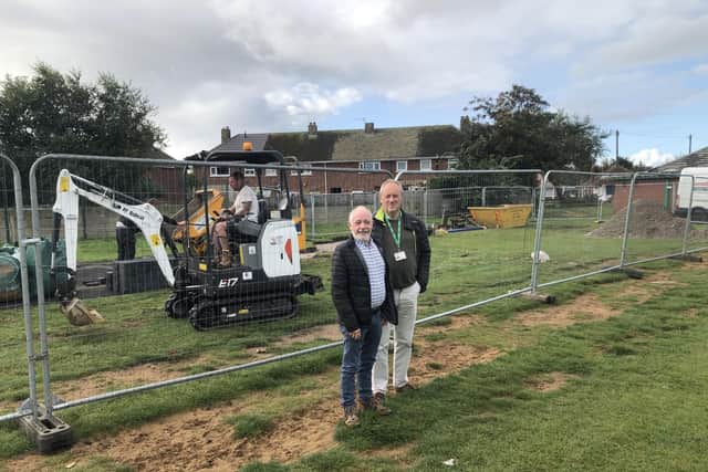 Coun David O’Rourke (left) and Coun Roger Small (right) visit the work site at Blackpool Road North Playing Fields