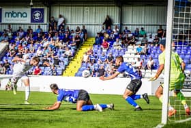 Danny Philliskirk heads Fylde's winner at Chester Picture: STEVE MCLELLAN