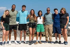 The celebs at the start line for the latest series of Celebrity Race Across the World. From left, Molly Rainford and partner Tyler West; Roman Kemp and sister Harleymoon; Anita Rani and dad Bal; and Dylan Llewellyn and his mum Jackie (Picture: BBC)