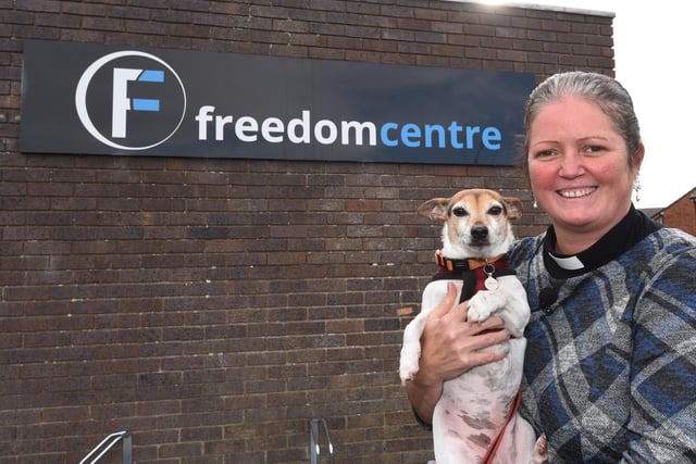 Rev Linda Tomkinson with dog Banjo, at Freedom Centre church, Mereside, for a special pet blessing ceremony.