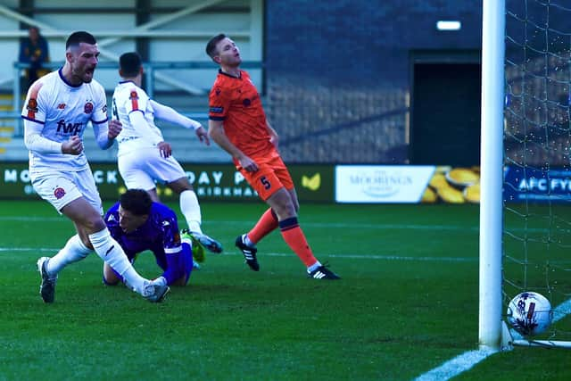 Luke Charman celebrates Nick Haughton's goal for AFC Fylde Picture: Steve McLellan