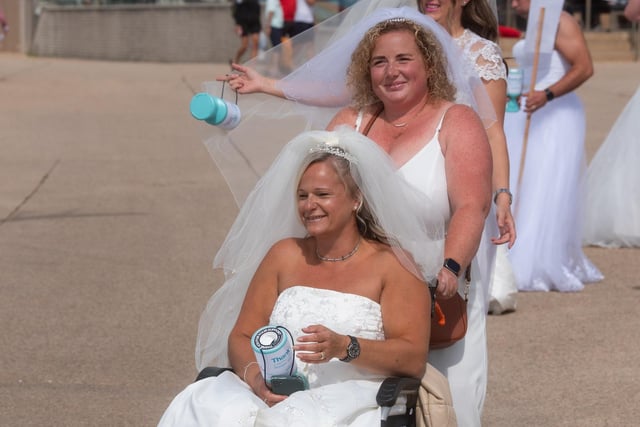 The brides caused quite a stir on Blackpool seafront.