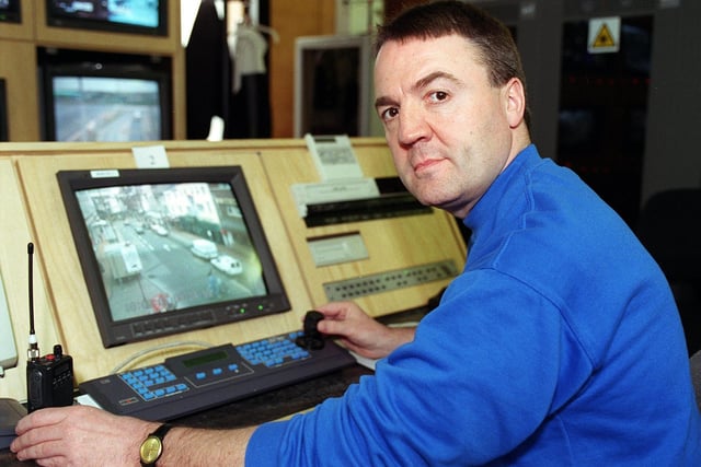 DS Pat Gill at Blackpool central's CCTV room in 1999