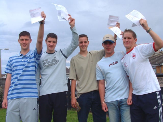Fleetwood High School exam success in 2002. Pictured from left to right: Steve McDonald, Shaun Lloyd, Phil Sumner, Dale Greenwood and Matt Larkin.