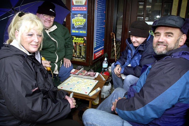 Daniel O'Donnell faithful fans queued days outside the Winter Gardens in 2001. Pictured passing the time with a game of Scrabble are L-R: Jill Westergren, Kevin Harper, Jeff Dyamond and Mike Smith.