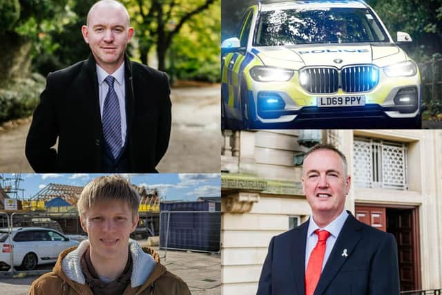 The three candidates for Lancashire Police and Crime Commissioner on 2nd May [anticlockwise from top left]:  Andrew Snowden (Conservative), Neil Darby (Liberal Democrats) and Clive Grunshaw (Labour)