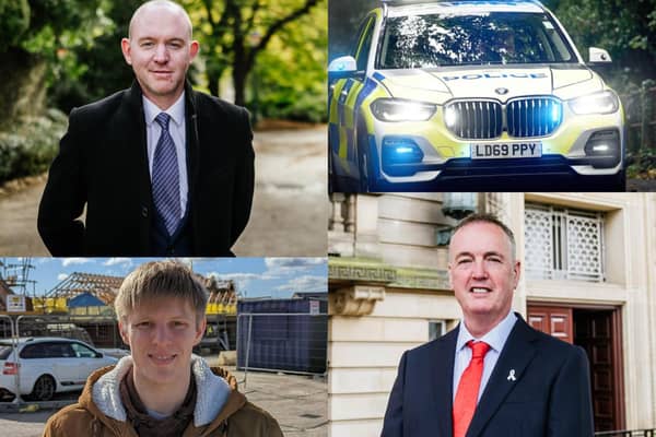 The three candidates for Lancashire Police and Crime Commissioner on 2nd May [anticlockwise from top left]:  Andrew Snowden (Conservative), Neil Darby (Liberal Democrats) and Clive Grunshaw (Labour)