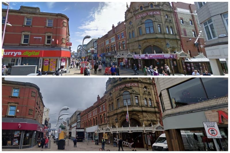Two contrasting scenes from 2009 and 2022 which show the heart of the town centre at the junction of Church Street and Corporation Street. Currys is now a Costa