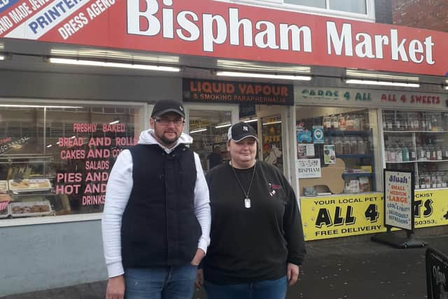 Steve Jukes of CJs Heavenly Treats and Dayna Hodgson of Dayna's Key Bar, outside Bispham Market