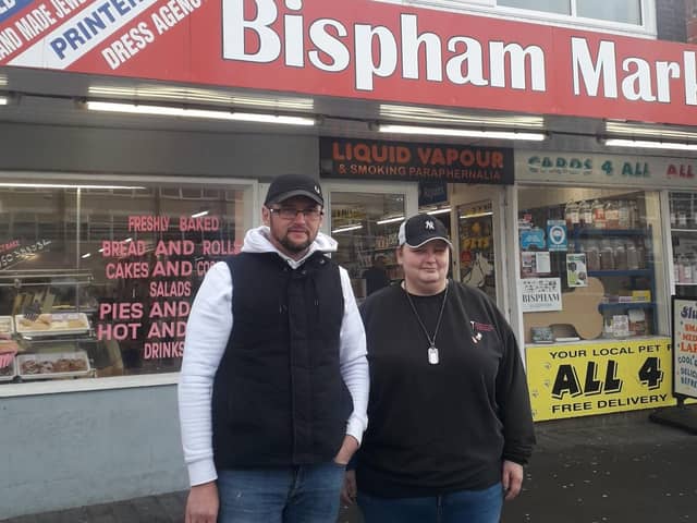 Steve Jukes of CJs Heavenly Treats and Dayna Hodgson of Dayna's Key Bar, outside Bispham Market