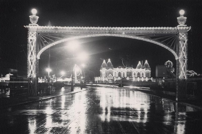 The arch and casino at Blackpool Illuminations in the 1940s
