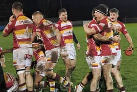 Fylde players celebrate their victory against Wharfedale on Saturday Picture: Chris Farrow/Fylde RFC
