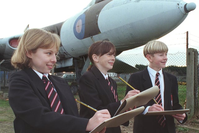 Millfield High School pupils work on their aircraft designs under the shadow of the Vulcan bomber at Blackpool Airport. Andrea Birchall 11, Sarah Buckley 12, Andrew Richmond 12 in 1998