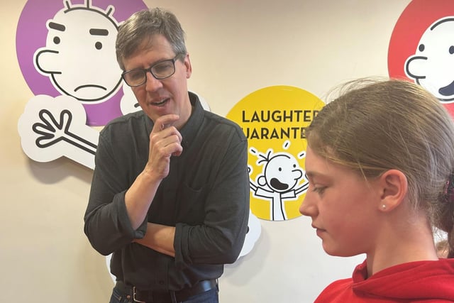 Jeff Kinney, author of Diary of a Wimpy Kid, enjoy talking to pupils from Our Lady of the Assumption Catholic Primary School