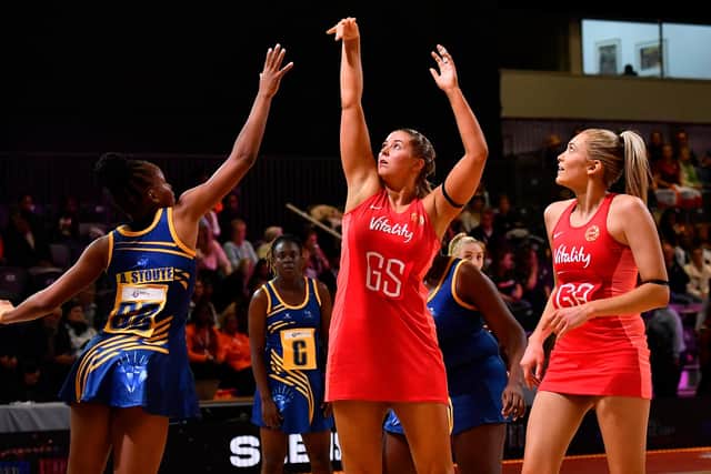 Eleanor Cardwell in action during England's Netball World Cup match against Barbados at the Cape Town International Convention Centre Picture: Ashley Vlotman/Gallo Images/Netball World Cup 2023 via Getty Images