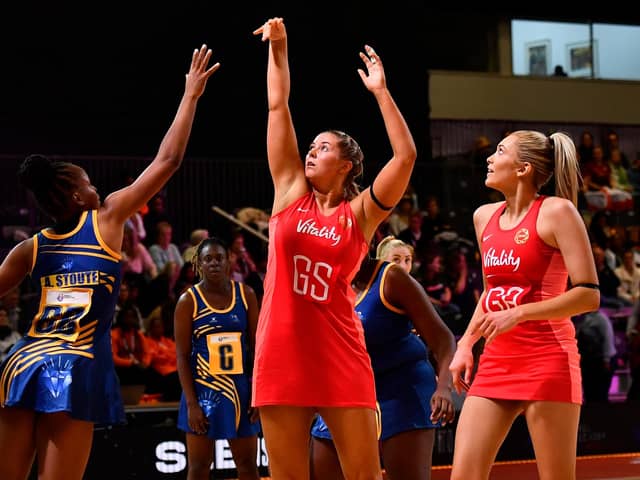 Eleanor Cardwell in action during England's Netball World Cup match against Barbados at the Cape Town International Convention Centre Picture: Ashley Vlotman/Gallo Images/Netball World Cup 2023 via Getty Images