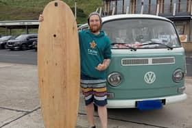 Danny Steele, who started making bespoke wooden surfboards, during the Covid pandemic