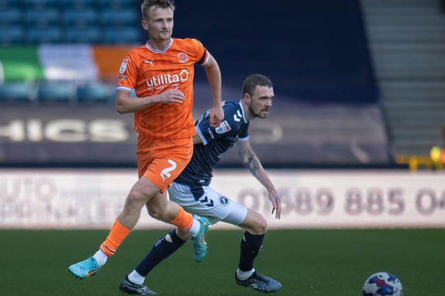 Blackpool's Callum Connolly holds off the challenge from Millwall's Scott Malone