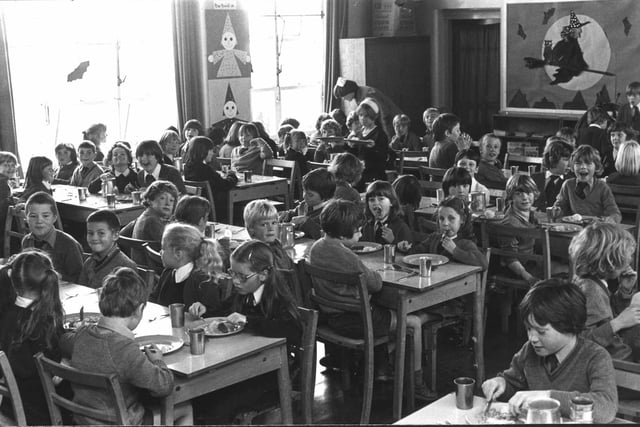 A great scene in the dinner hall at Hawes Side School in 1979 - remember the pitchers of water?
