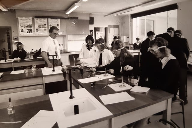 Teacher Christine Wall and acting head of science Steve Marriott in the chemistry lab, 1992