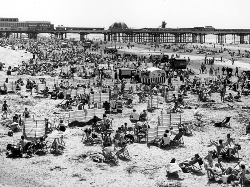 Blackpool's Central Beach with deckchairs and wind breakers pictured in the late 1970s when you could watch a hi-tech cinema show inside a domed tent on Central Pier