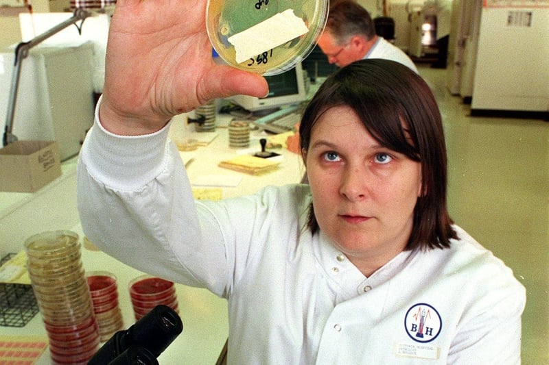 Consultant  Microbiologist Dr Ruth Duthie looking at one of the "superbugs" in 1998 the multi-resistant Pseudomonas