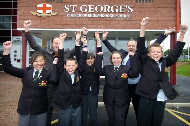 Celebrations for the announcement that the school had been awarded specialist status in business.
Pictured are Deputy Heads Dan Berry (left) and John Townsend, with pupils L-R: Michelle Yu, Patrick Lancaster, Chloe Cox, Lauren Bolton and Joe Caton, 2007